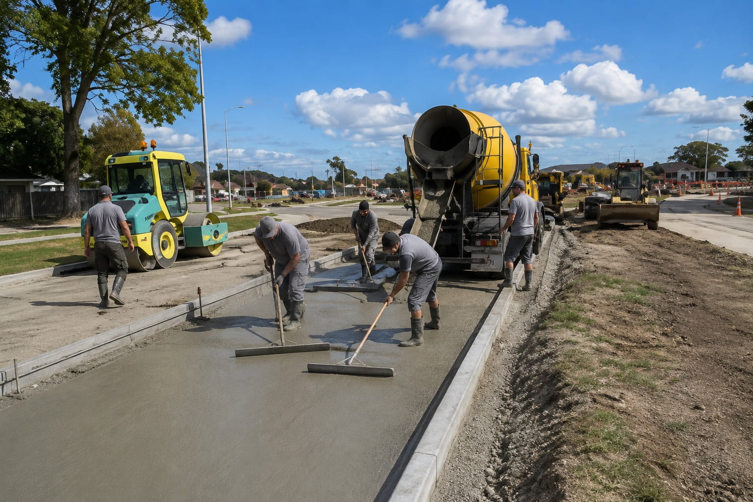 Christchurch civil roading crew screeding a new concrete roadway beside kerbing