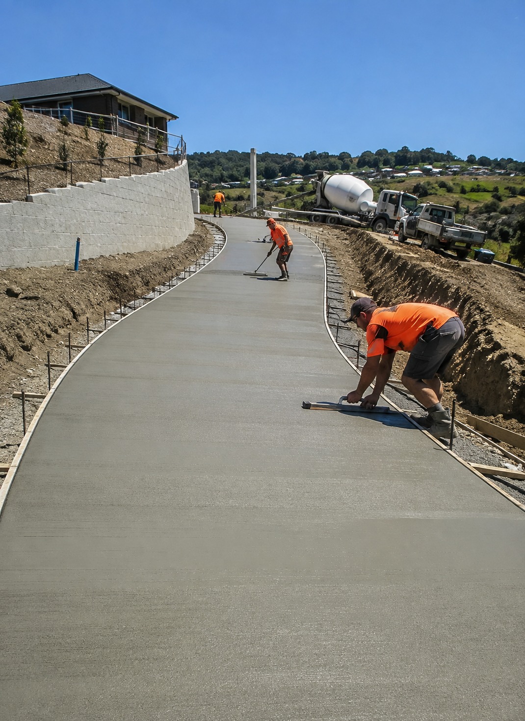 Curved concrete subdivision access road being finished on a Christchurch hillside site