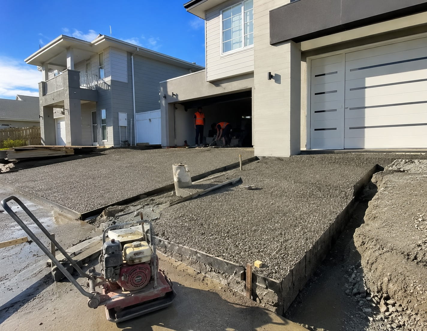 Freshly poured concrete driveway slab and formwork at a new Christchurch home
