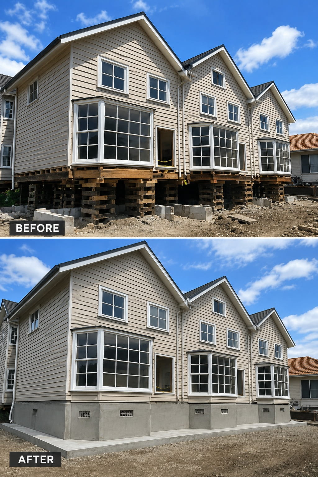 Before and after a Christchurch house re-levelling, with temporary timber cribbing replaced by a new concrete perimeter foundation