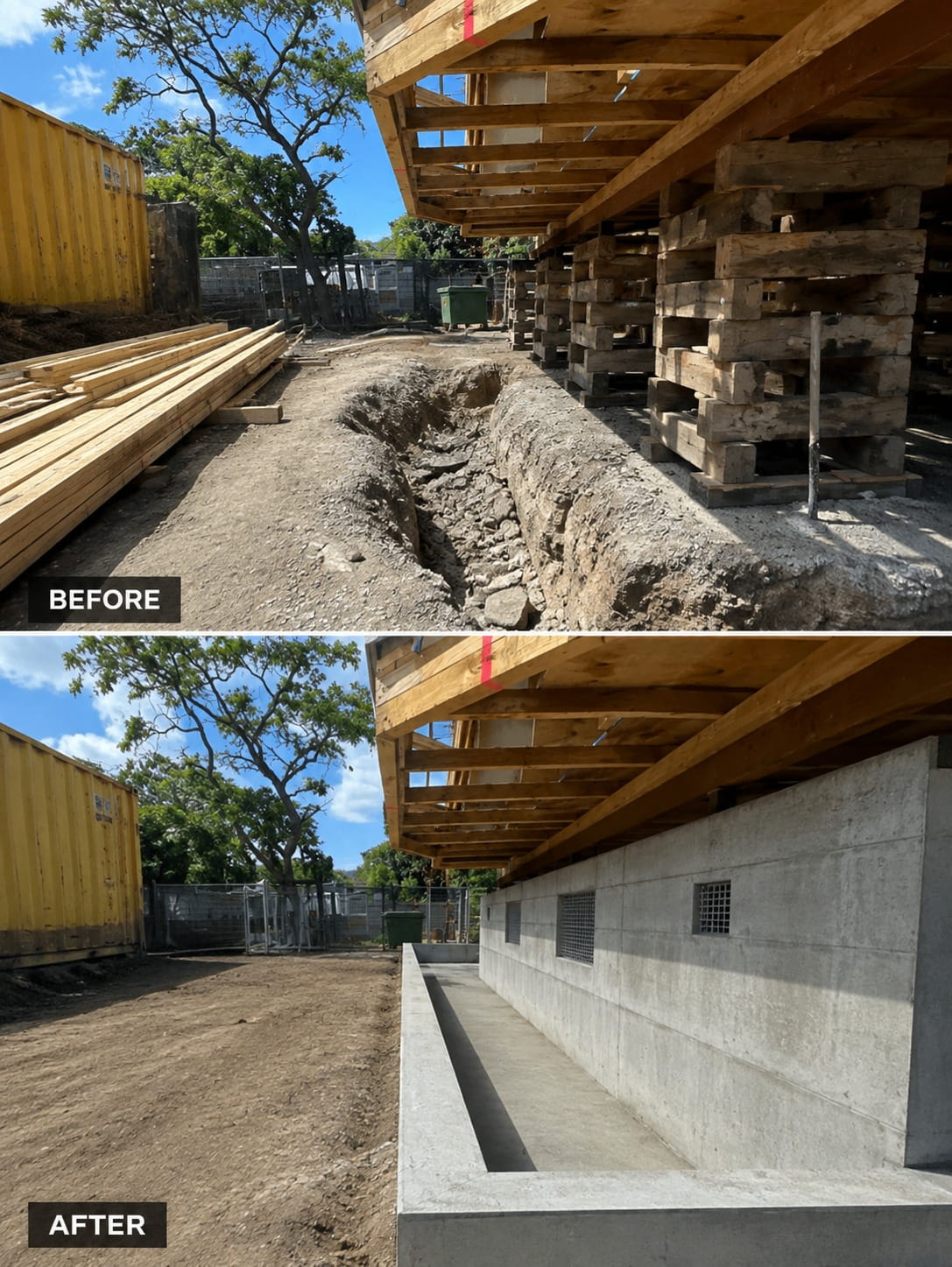 Before and after a foundation trench on a Christchurch site, excavated then poured as a finished reinforced concrete wall