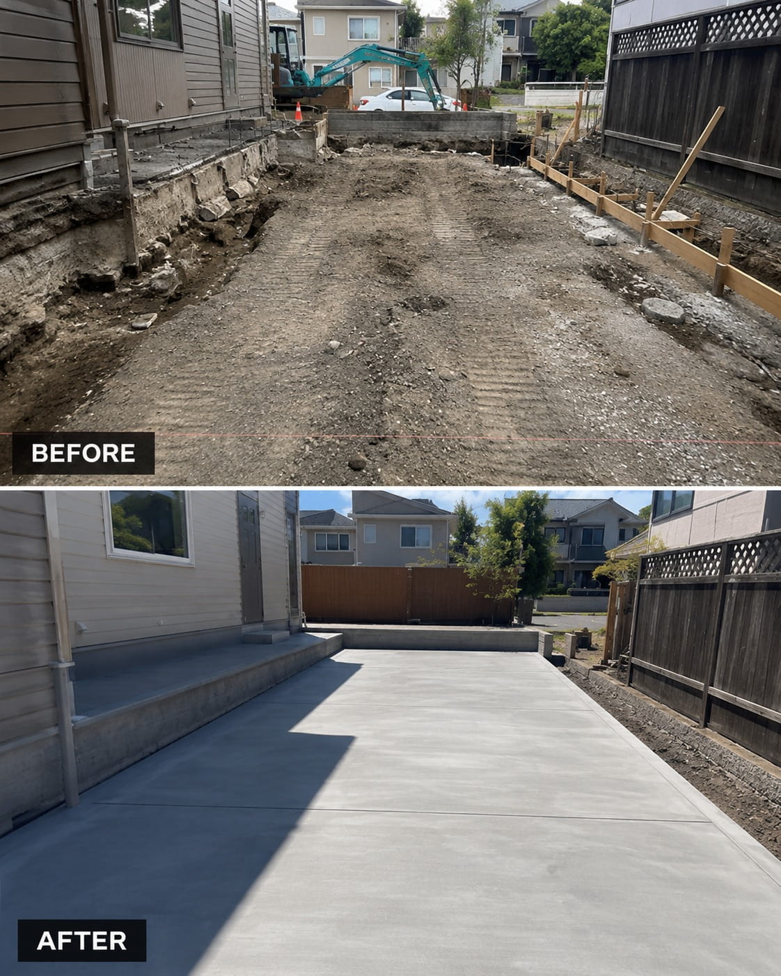 Before and after a Christchurch driveway rebuild, from excavated sub-base to a finished concrete surface between the house and fence
