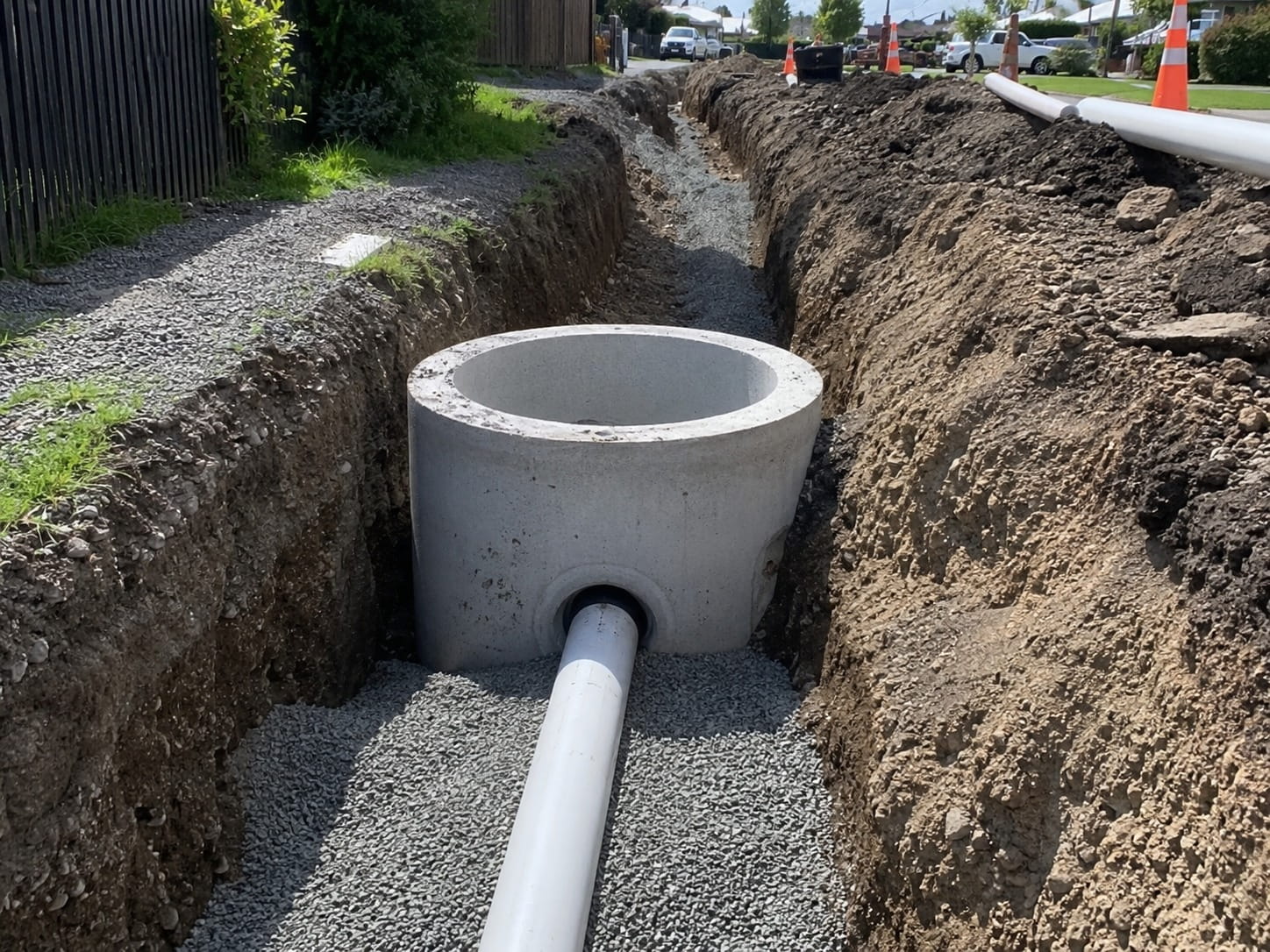 Concrete sump chamber and stormwater pipe bedded in gravel in a Christchurch drainage trench