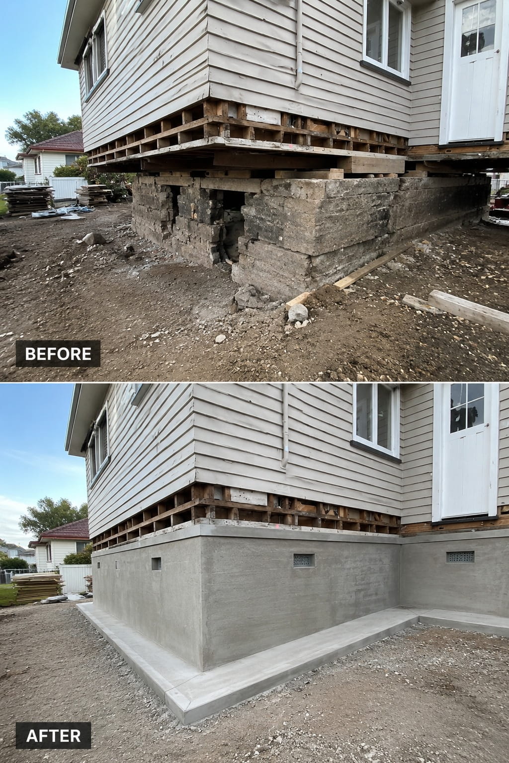 Before and after a Christchurch house foundation replacement, with crumbling original piles rebuilt as a new reinforced concrete foundation